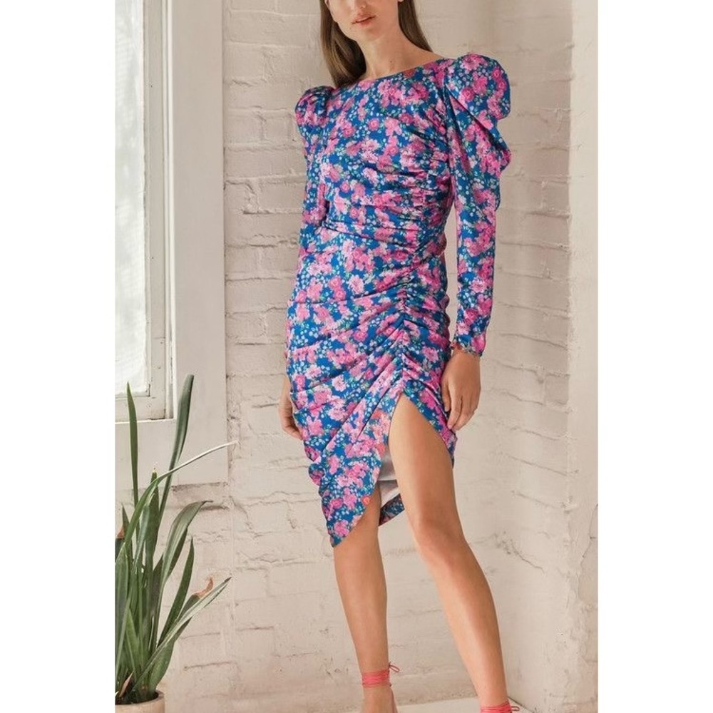 For Love & Lemons NWT Annie Ruched Satin Midi Dress in Cobalt/Pink Floral Small - Picture 3 of 9